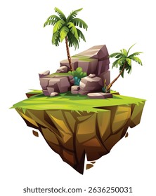 Floating island scene with palm trees and large rocks on green surface. Vector cartoon illustration