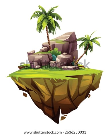 Floating island scene with palm trees and large rocks on green surface. Vector cartoon illustration