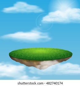 Floating island in sky among the clouds, vector illustration.