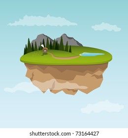 Floating Island With Small House. Vector Illustration