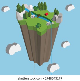 Isla flotante con un río pequeño y una ladera