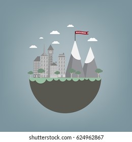 Floating island success concept with city and tree