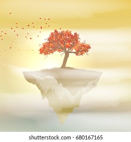 Floating Island with Tree in Clouds- Vector Illustration