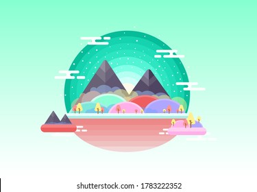 Isla flotante con árboles, montaña, y con bello fondo, ilustración vectorial, fondo plano de diseño, uso para banner, fondo y fondo de pared.