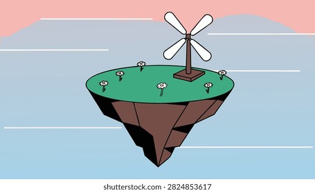 Floating island vector background cartoon fantasy windmill sky landscape