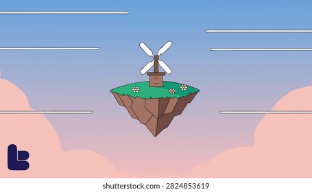 Floating island vector background cartoon fantasy windmill sky landscape