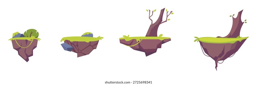 Schwimmender Inselvektorsatz. Tropische Landschaft und fantasievolle, schwimmende Landillustrationen	