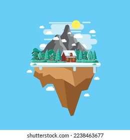 Floating island in winter season with flat design illustration