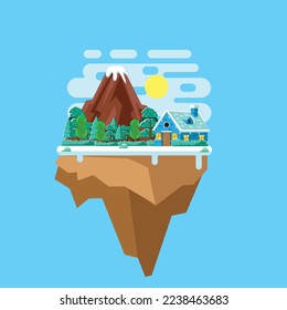 Floating island in winter season with flat design illustration