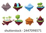 Floating islands. Cartoon game design objects with rocks, waterfall, desert, iceberg and volcano. Arcade games nature elements, nowaday vector set