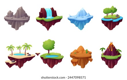 Floating islands. Cartoon game design objects with rocks, waterfall, desert, iceberg and volcano. Arcade games nature elements, nowaday vector set