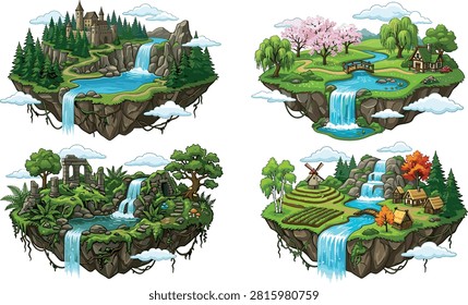 Floating islands game asset set featuring medieval fantasy castle, blooming cherry blossom cottage, ancient mossy ruins, and rural farming village with waterfalls.
