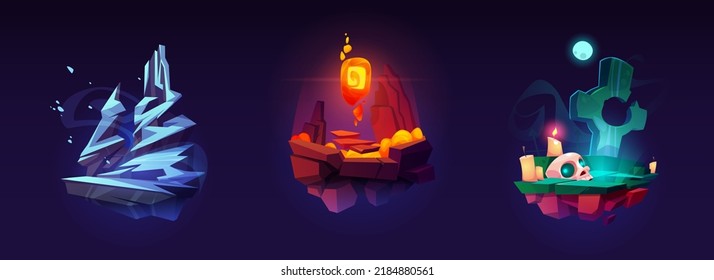 Floating Islands, Game Background, Level Design. Cartoon 2d Ui Nature Location With Flying Platforms. Rocks With Ice And Lava, Graveyard Cross, Skull And Candles Arcade Landscape, Elements For Jumping