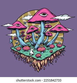 Floating Islands Grow Mushrooms Vector Illustration