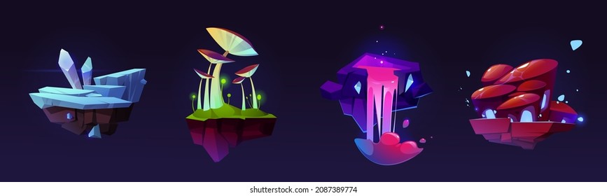 Floating islands ice crystal or rock, mushrooms, pink waterfall fantasy alien planet landscape locations, 2d game level design, ui flying platforms for jumping, graphic for arcade, Cartoon vector set