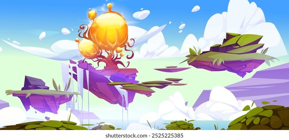 Islas flotantes con árbol mágico en el cielo. Ilustración de dibujos animados de Vector de piezas de tierra de fantasía que vuelan en nubes esponjosas sobre el mar, cascada y hierba verde en plataformas de juegos de arcade, paisaje de Dreamland