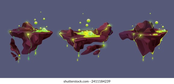 Islas flotantes de tierra rocosa con líquido tóxico brillante verde con burbujas. Juego de vectores de dibujos animados de piezas voladoras de tierra para salto gui y mapa de nivel de juego. Plataforma mágica con agua de veneno espeluznante.