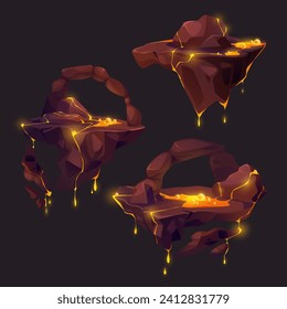 Flutinseln von felsigem Land mit heißer orangefarbener Lava-Flüssigkeit mit Spritzen und Bläschen Eruption und Ausbreitung. Game Cartoon Vektorgrafik Set von fliegenden Bodenstücken für Gui-Jump und Level-Karte.