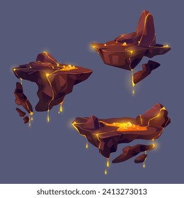 Floating islands of rocky land with hot orange lava liquid with splashes and bubbles eruption and spread. Game cartoon vector illustration set of flying pieces of ground for gui jump and level map.