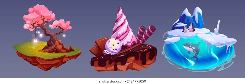 Floating islands set isolated on background. Vector cartoon illustration of flying asian garden with lanterns on sakura tree, sweet land with chocolate and ice cream, antarctic landscape with penguins