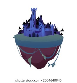 Floating land island with medieval castle with towers vector flat illustration. Fairytale old mansion, king fortress castle in dark forest. Cartoon fantasy game stone palace building on rock platform