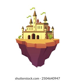 Floating land island with medieval castle with towers vector flat illustration. Fairytale mansion, king fortress castle. Cartoon fantasy game stone palace building on desert stone rock platform