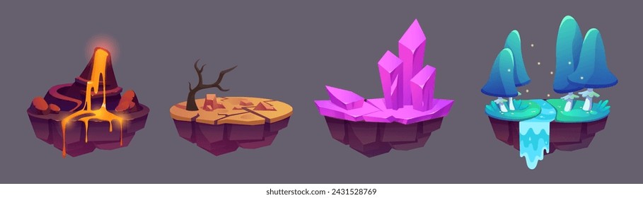 Islas de tierra flotante para el diseño de ui de mapa de nivel de juego. Ilustración vectorial de dibujos animados conjunto de plataformas voladoras con roca y lava, bosque con río y cascada, cristal de piedra preciosa, desierto caliente