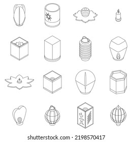 Floating lantern icons set. Isometric set of floating lantern vector icons outline thin lne isolated on white