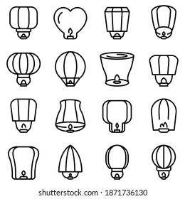 Floating lantern icons set. Outline set of floating lantern vector icons for web design isolated on white background