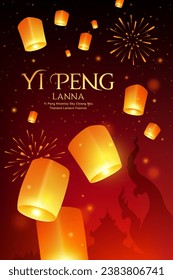 Linterna flotante, Loy Krathong y el festival de farolillos Yi Peng en Chiang Mai, tailandia, volante de afiches sobre fuegos artificiales iluminando el fondo nocturno, ilustración vectorial Eps 10