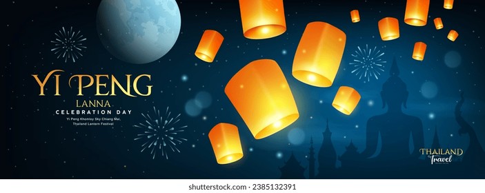 Floating lantern, Loy Krathong and Yi Peng lantern festival in Chiang Mai, thailand, banner on full moon and firework righting night background, Eps 10 vector illustration
 svg
