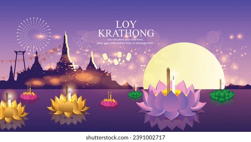 Floating lantern, Loy Krathong and Yi Peng lantern festival in Chiang Mai, thailand, banner on full moon and firework righting night and Culture of Thailand vector illustration purple background svg