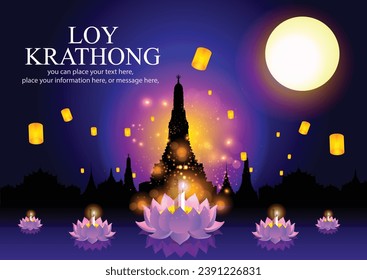 Floating lantern, Loy Krathong and Yi Peng lantern festival in Chiang Mai, thailand, banner on full moon and firework righting night and Culture of Thailand vector illustration background