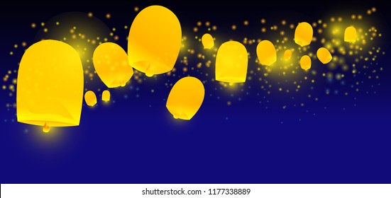 Floating Lantern on the blue sky at night horizontal banner