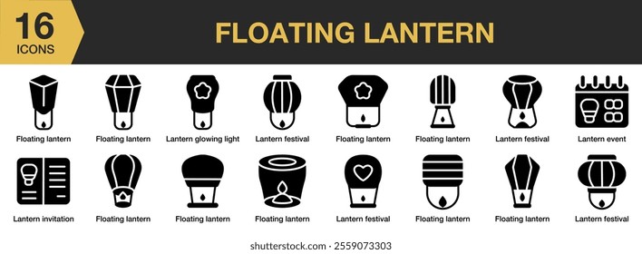 Floating Lantern solid icon set. Includes Lantern, Floating, Sky, Night, Festival, and More. Solid icons vector collection.