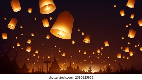 Floating lantern, Yi Peng lantern festival in Chiang Mai thailand, banner poster design at night background, Eps 10 vector illustration
