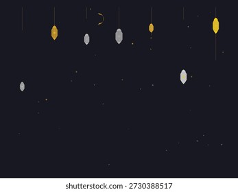 Floating lanterns and crescent moon in dark night sky during Ramadan, minimalist and serene with subtle golden accents
