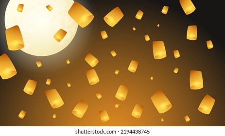 Floating lanterns in the night of the full moon Loy Krathong festival celebration in Thailand, Vector Modern design ,  illustration Vector Eps10