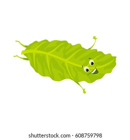 Floating lettuce leaf. Cute funny character with happy face. Kids menu illustration. Fresh, tasty and healthy food on white background