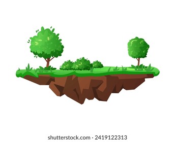Floating level platform green lawn and trees flat style, vector illustration isolated on white background. Decorative design element for online games, flying land