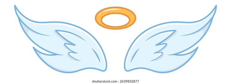 Floating light blue angel wings paired with a golden halo against a pristine white background, embodying themes of spirituality, freedom, and divine presence