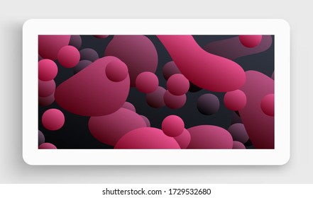 Floating liquid blobs. Abstract colorful banner with fluid shapes. Futuristic composition with bubbles. 3D vector illustration for advertising, marketing or presentation.