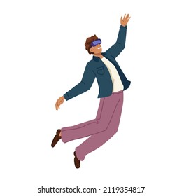 Floating man in metaverse, virtual and augmented reality. Vector male wearing glasses and floating in futuristic network. Modern technologies and innovations for users. Flat cartoon style character