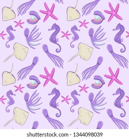 Floating marine invertebrates, tiny shells. Funny and cute octopuses and stingrays. Children's pattern, for use in design and textiles. Vector illustration of the sea world.