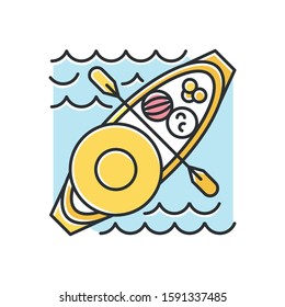 Floating market color icon. Selling goods and local food from boat. Type of trade in Thailand, Indonesia and Vietnam. Water transport as tourist attraction. Isolated vector illustration