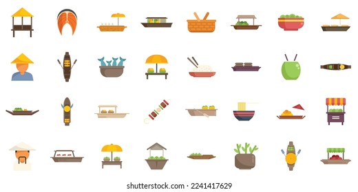 Floating market icons set flat vector. Asian basket. Attraction marketplace isolated