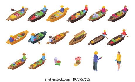 Floating market icons set. Isometric set of floating market vector icons for web design isolated on white background