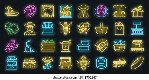 Floating market icons set. Outline set of floating market vector icons neon color on black