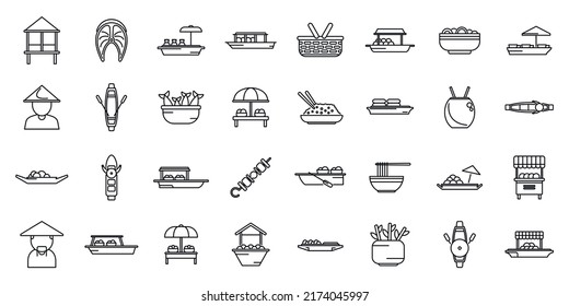 Floating market icons set outline vector. Asian basket. Attraction marketplace