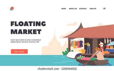 Floating Market Landing Page Template. People Sell And Buy Goods In Thailand Water Fair. Characters Moving On Boats By River Offer Fruits, Flowers Or Clothes To Customers. Cartoon Vector Illustration